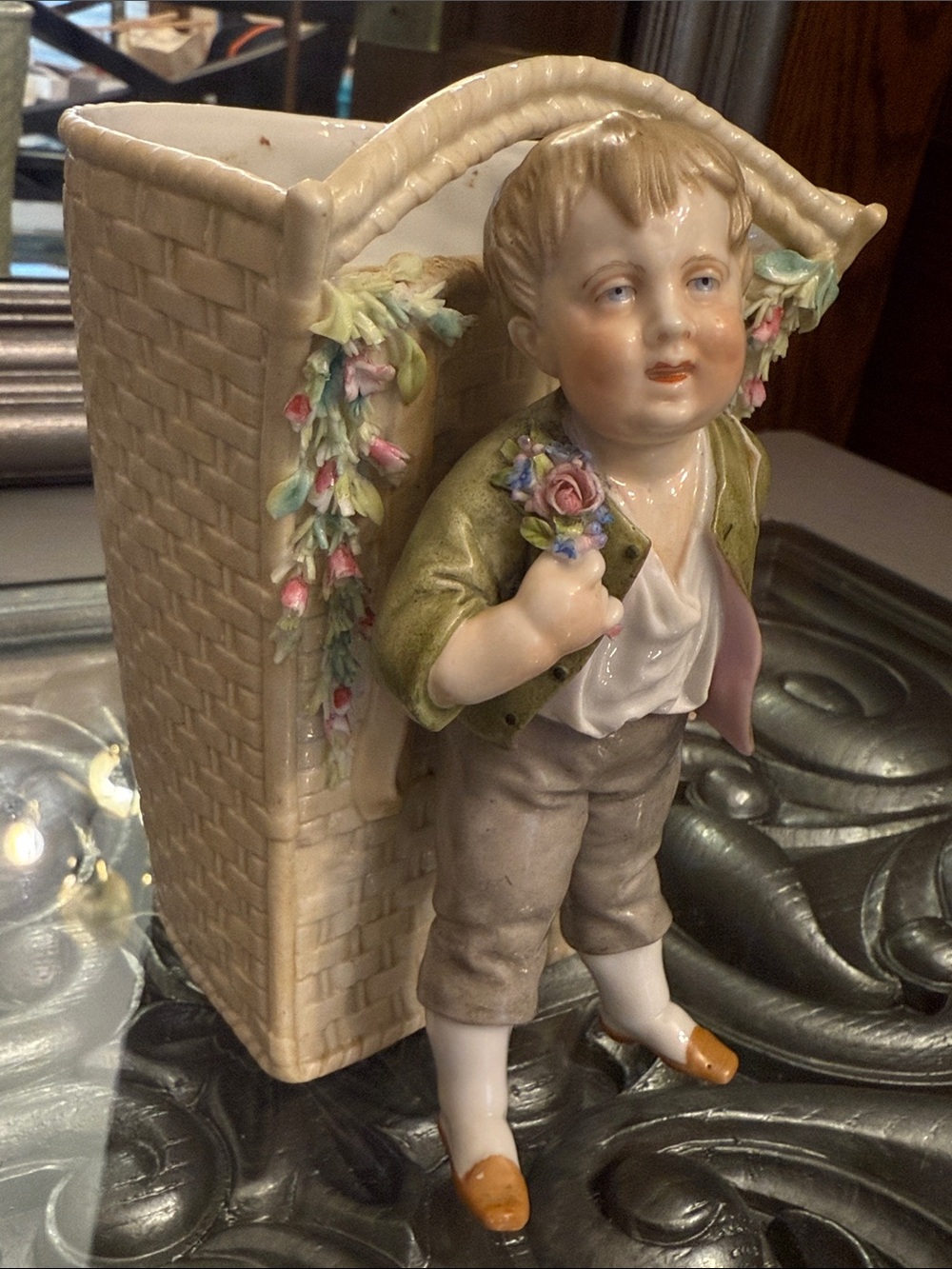 Vintage Porcelain German Boy Hand Painted Figurine Vase Planter